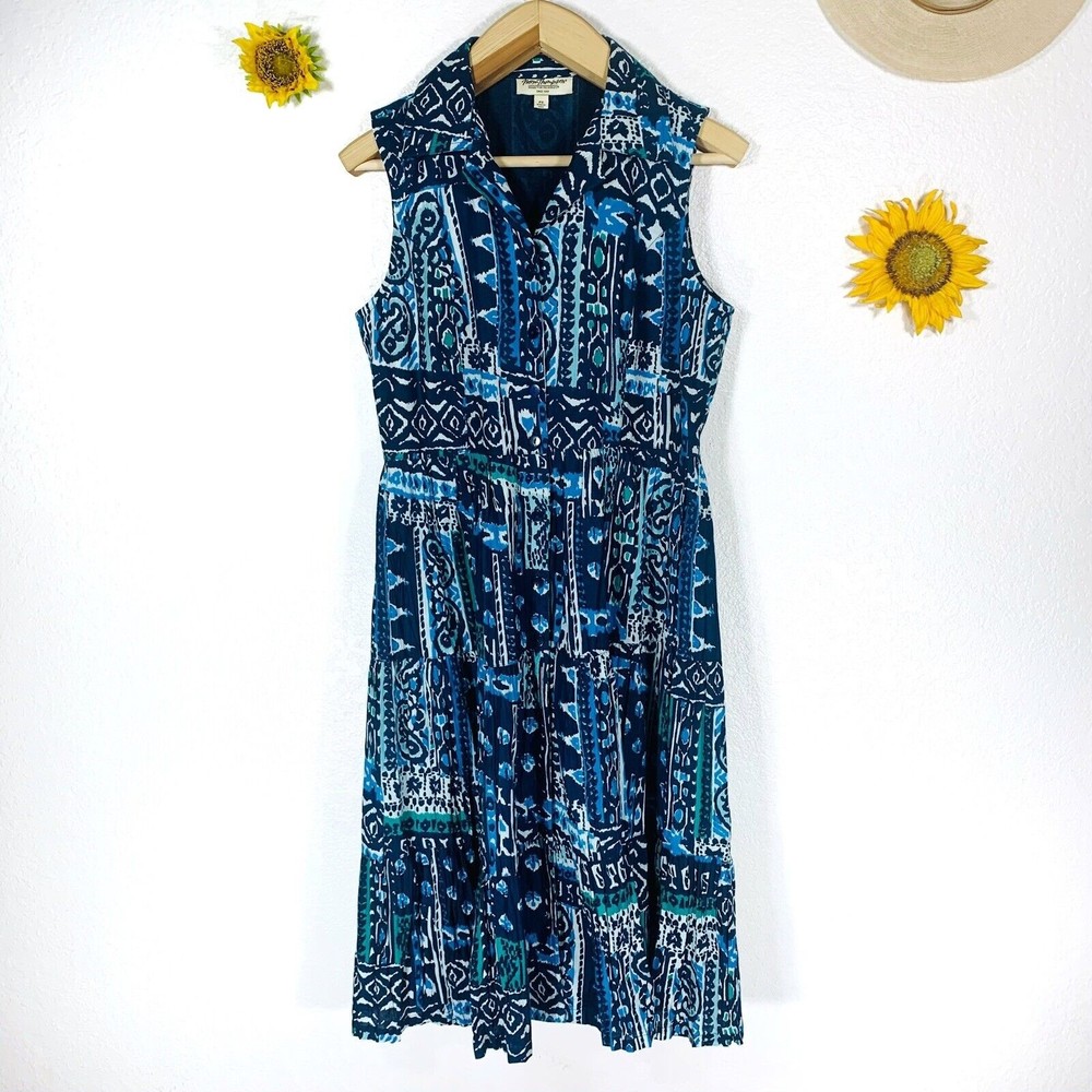 Norm Thompson Tribal Button Up Sleeves Collar Skater Dress Size Petite Small